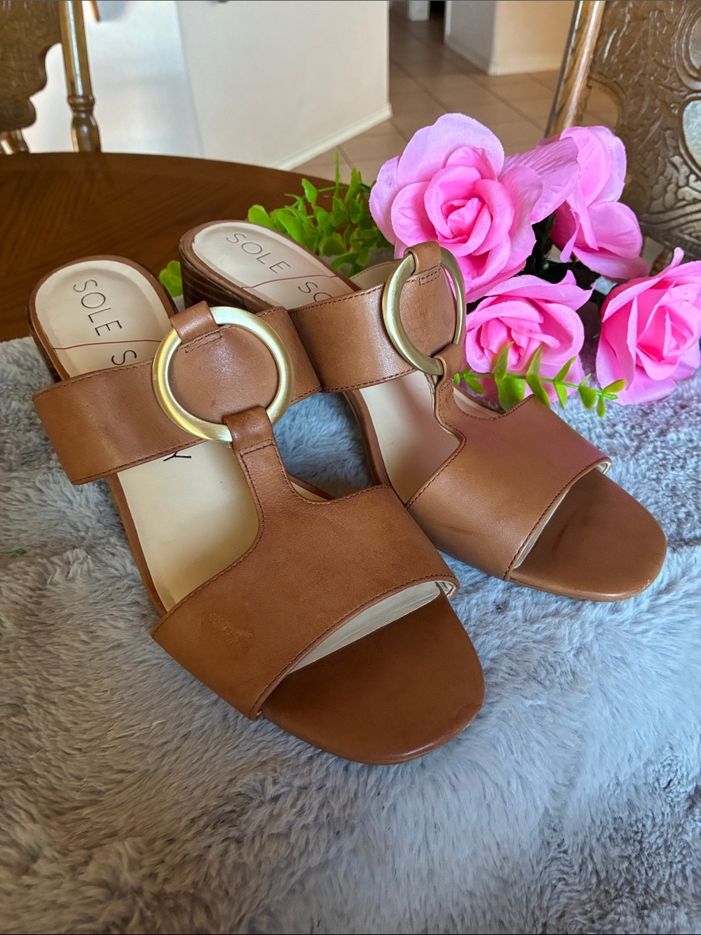 Sole Society Camel Sandals – Gold Ring Detail, Chic Comfort Style Size 42